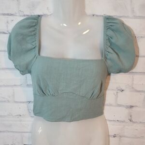 LA Hearts Linen Blend Smocked Puff Sleeve Crop Top